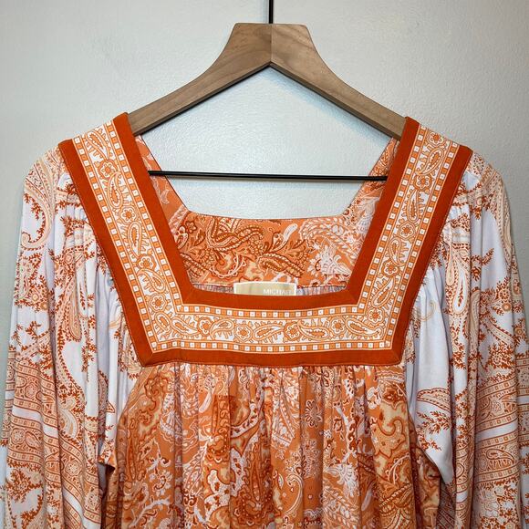 Michael Kors Women's Square Neck Border Shift Midi Dress Orange Size Medium - Picture 2 of 6